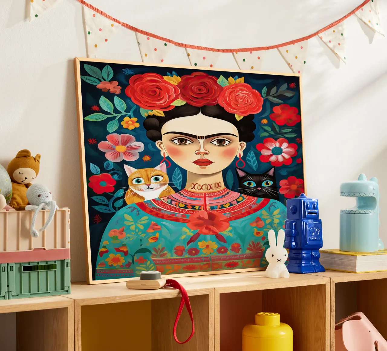 Frida Kahlo con gatti - Nero e arancione poster con telaio in plastica da Peaches Art Prints