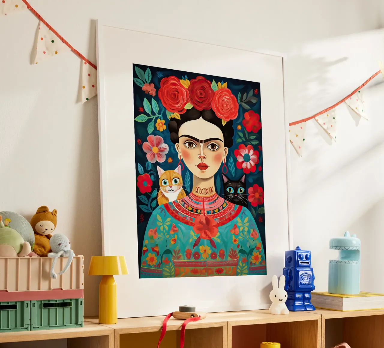 Frida Kahlo con gatti - Nero e arancione poster con telaio in plastica da Peaches Art Prints