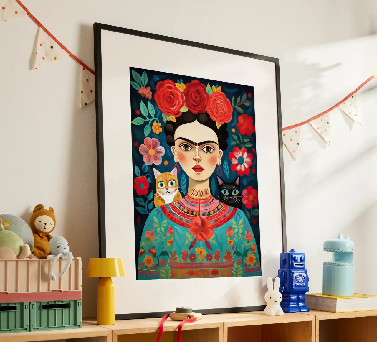 Frida Kahlo con gatti - Nero e arancione poster con telaio in plastica da Peaches Art Prints