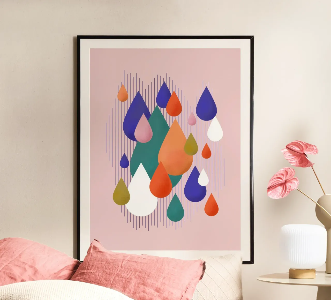 Colorful Raindrops Abstract Geometric Art poster con telaio in legno da showmemars