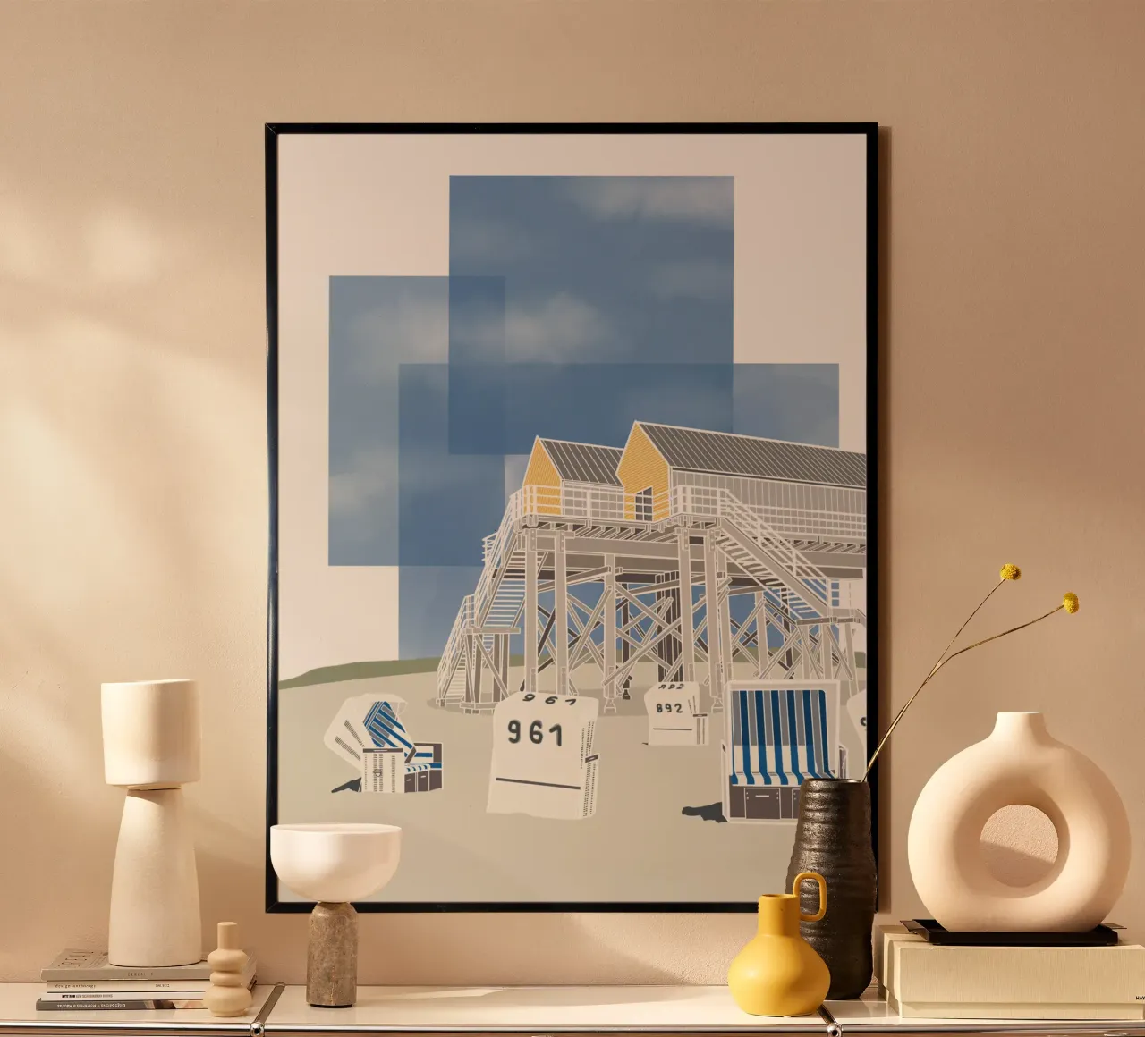 Sankt Peter Ording - Nordsee, Stelzenhaus, Strandkorb poster con telaio in plastica da fernvej