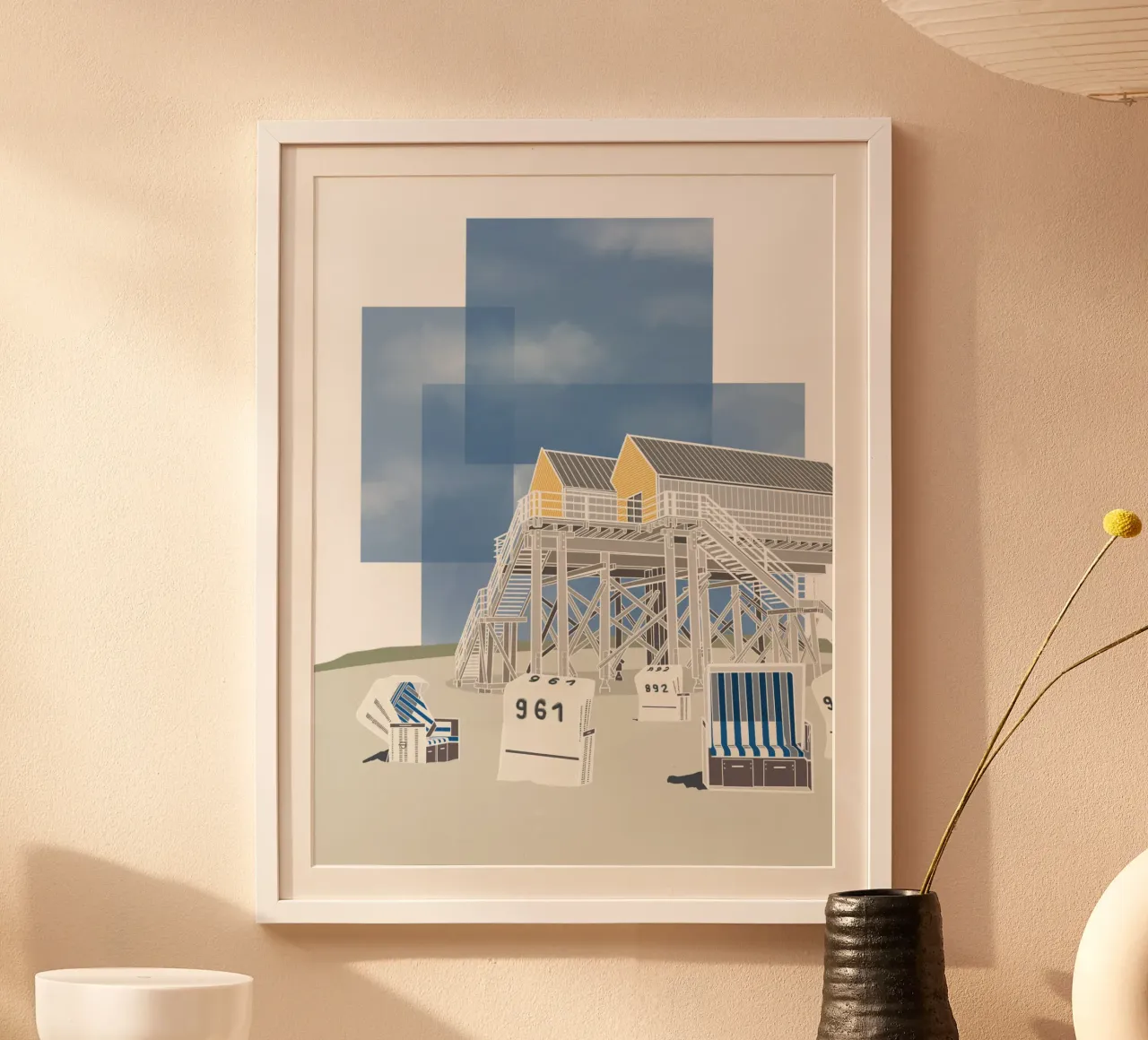 Sankt Peter Ording - Nordsee, Stelzenhaus, Strandkorb poster con telaio in plastica da fernvej