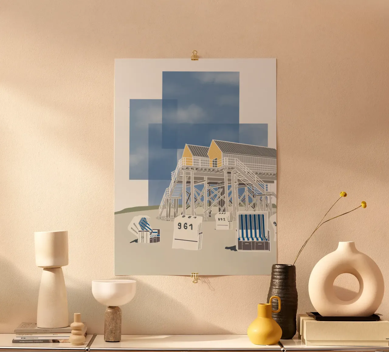 Sankt Peter Ording - Nordsee, Stelzenhaus, Strandkorb poster con telaio in plastica da fernvej