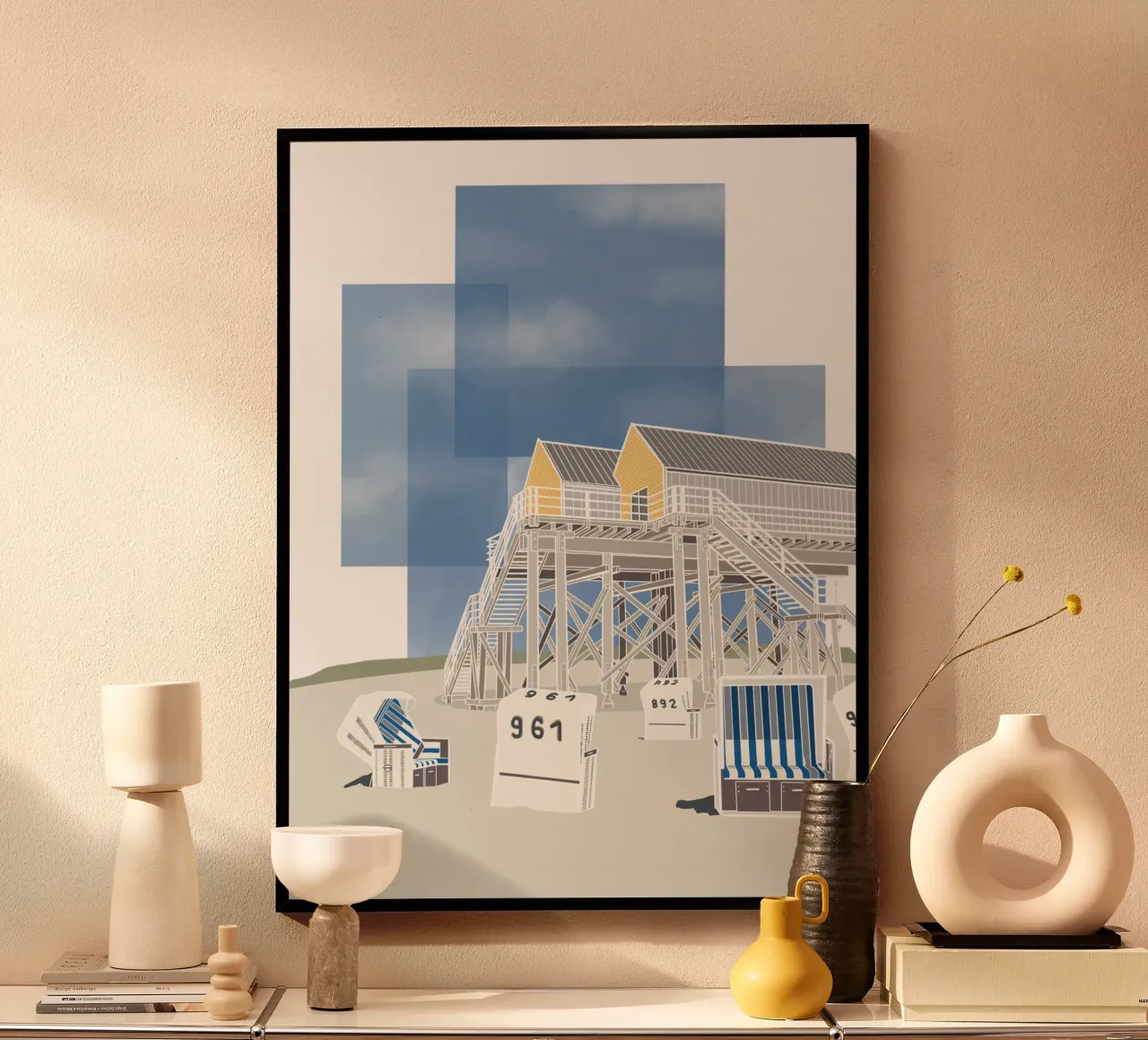 Sankt Peter Ording - Nordsee, Stelzenhaus, Strandkorb poster con telaio in plastica da fernvej