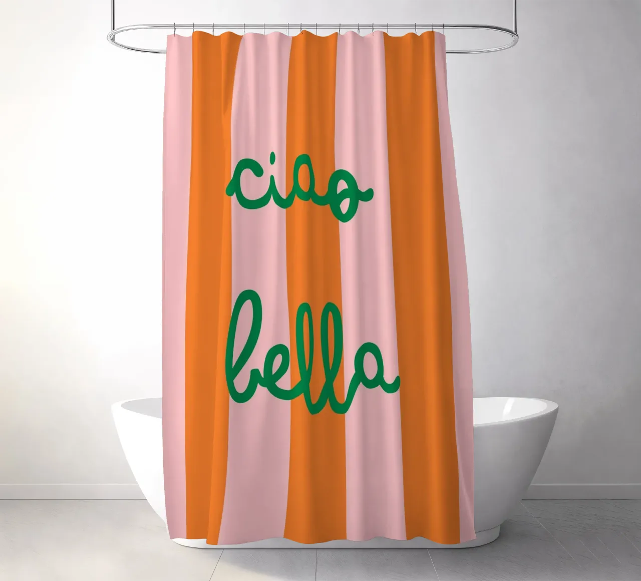 Ciao Bella | Vibrant Orange & Pink Stripes Print shower curtain by PrintCessStudio