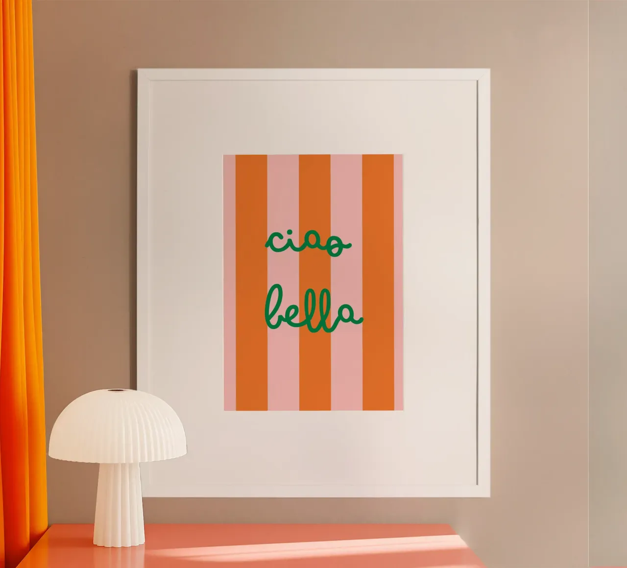 Ciao Bella | Vibrant Orange & Pink Stripes Print poster avec cadre en aluminium de PrintCessStudio