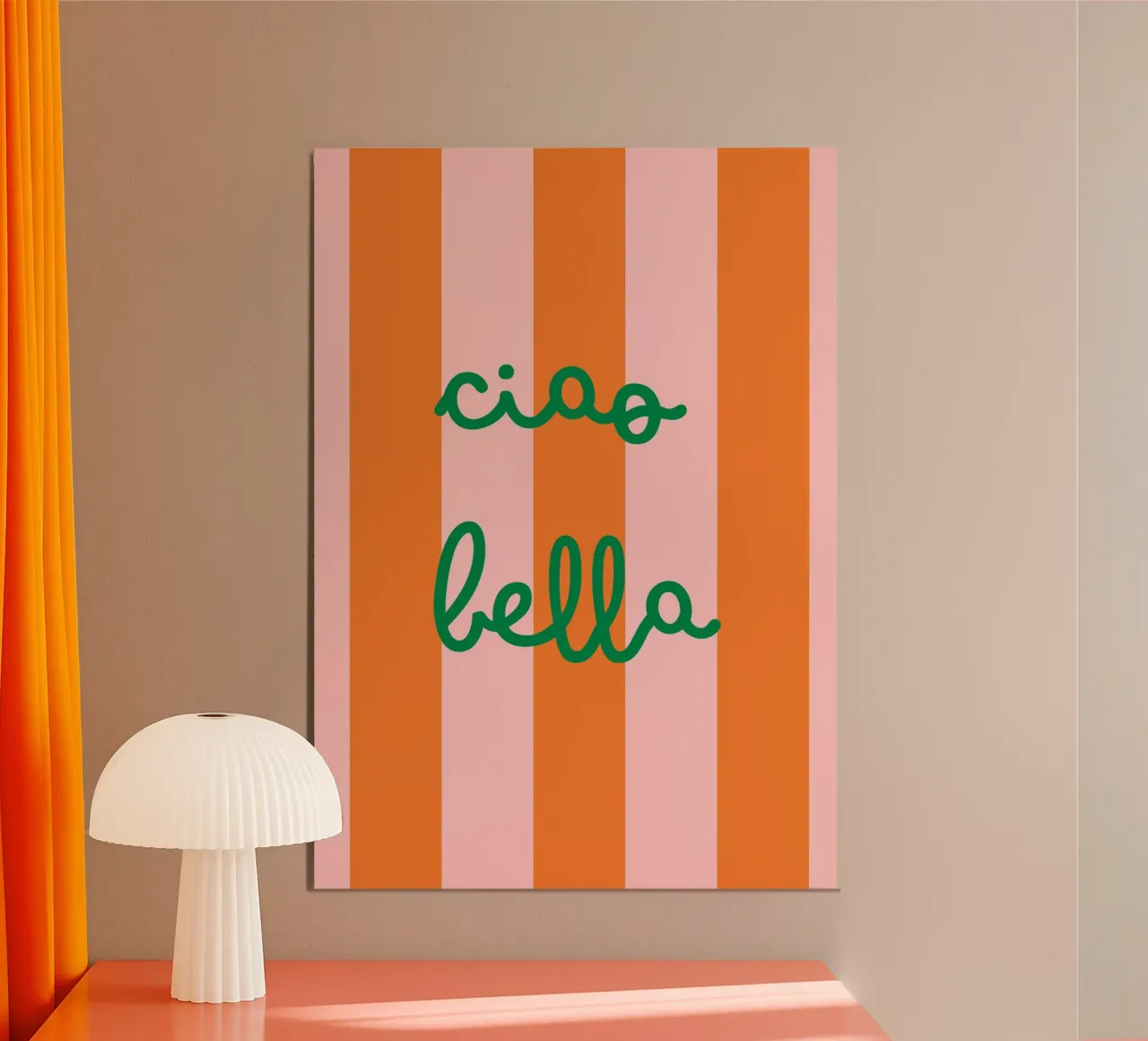 Ciao Bella | Vibrant Orange & Pink Stripes Print poster avec cadre en aluminium de PrintCessStudio
