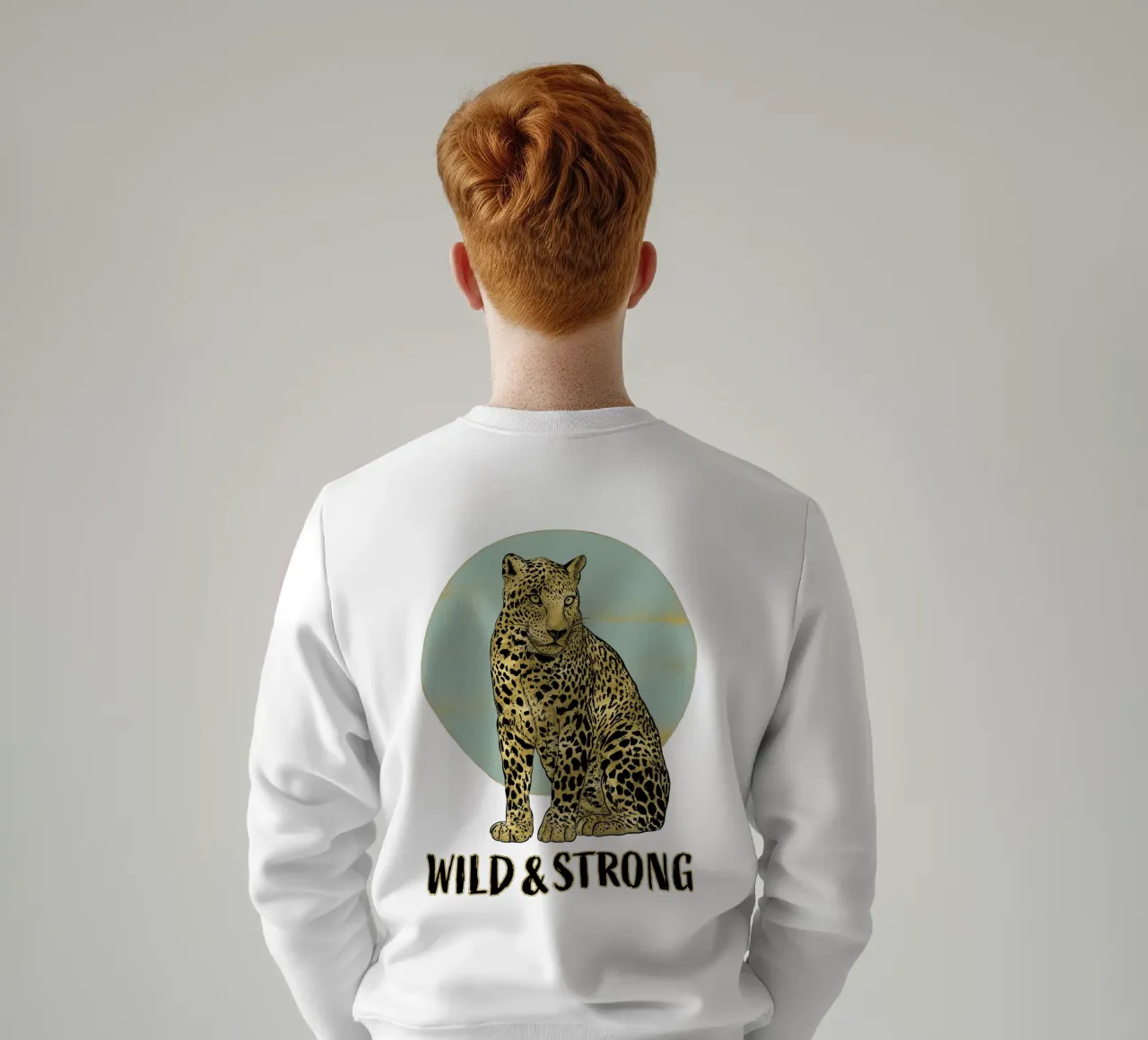 Wild and strong. Majestätisch sitzender Leopard mit Typo. Sweatshirt von CalliLetters