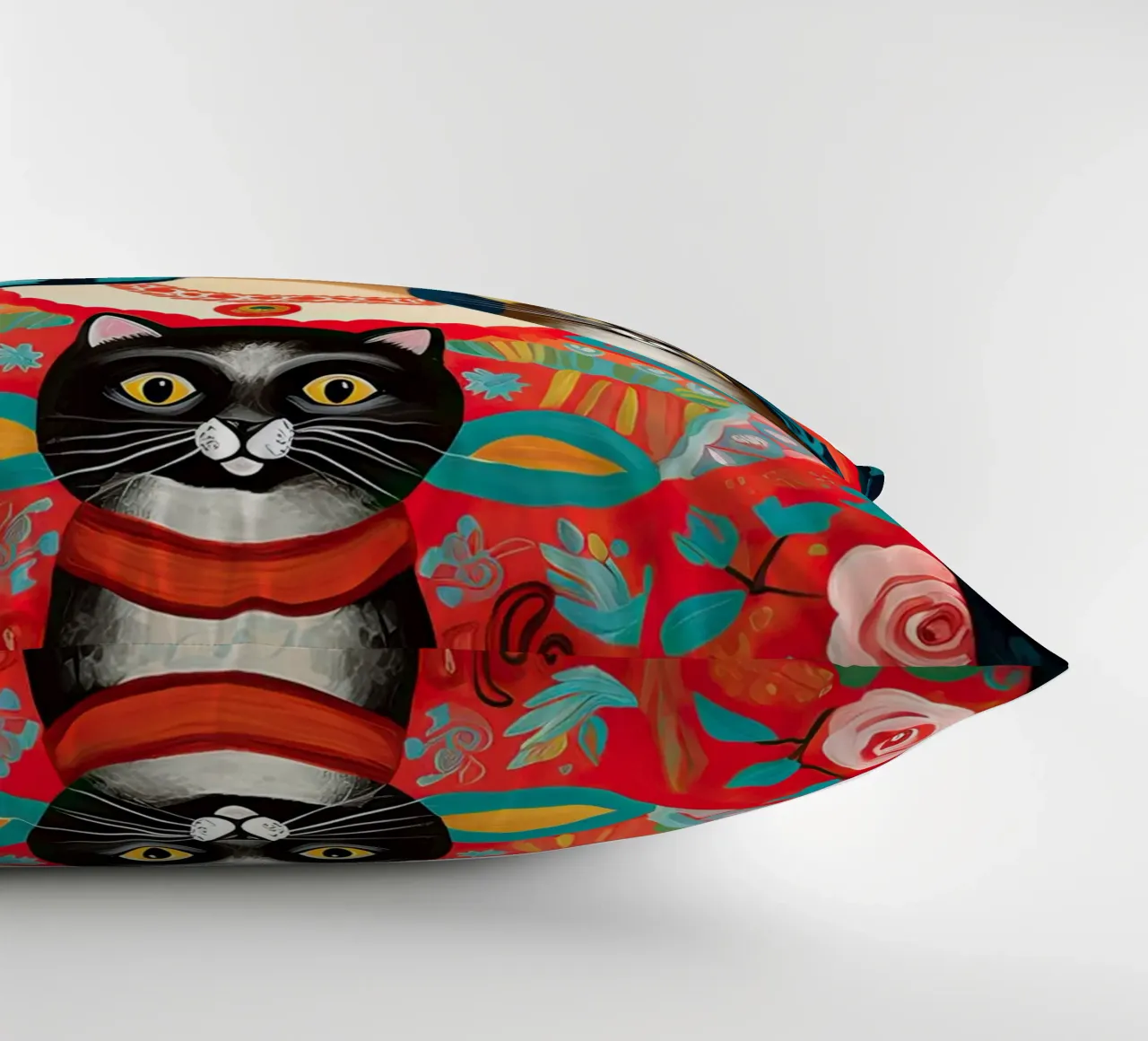 Frida Kahlo con gatto nero e marrone cuscino da Peaches Art Prints