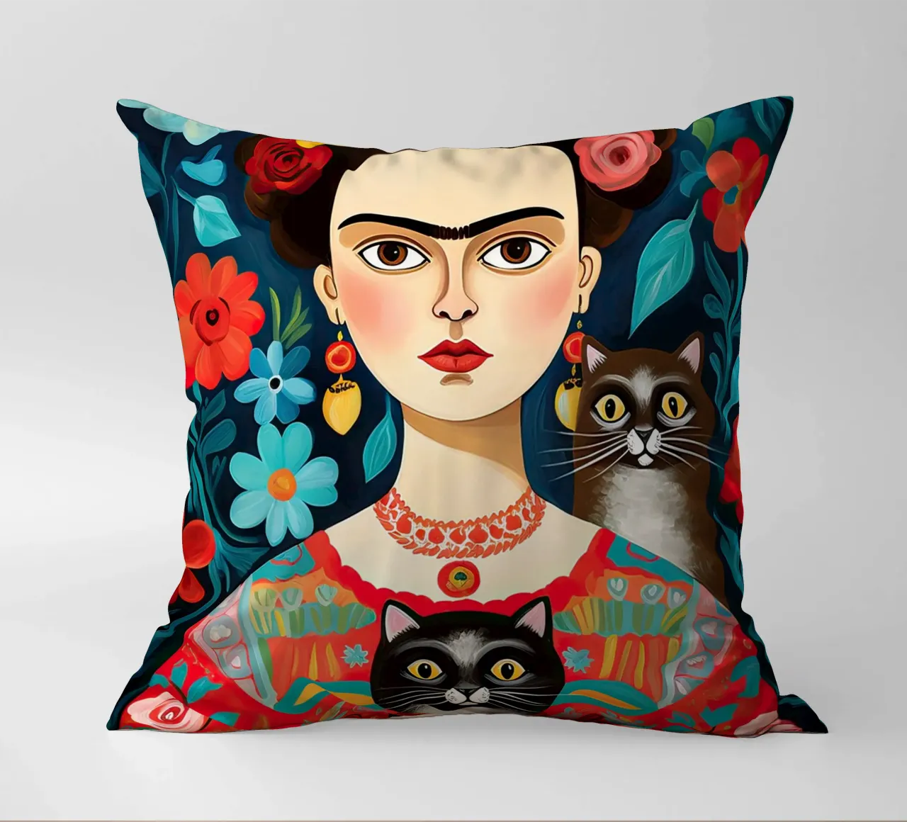 Frida Kahlo con gatto nero e marrone cuscino da Peaches Art Prints