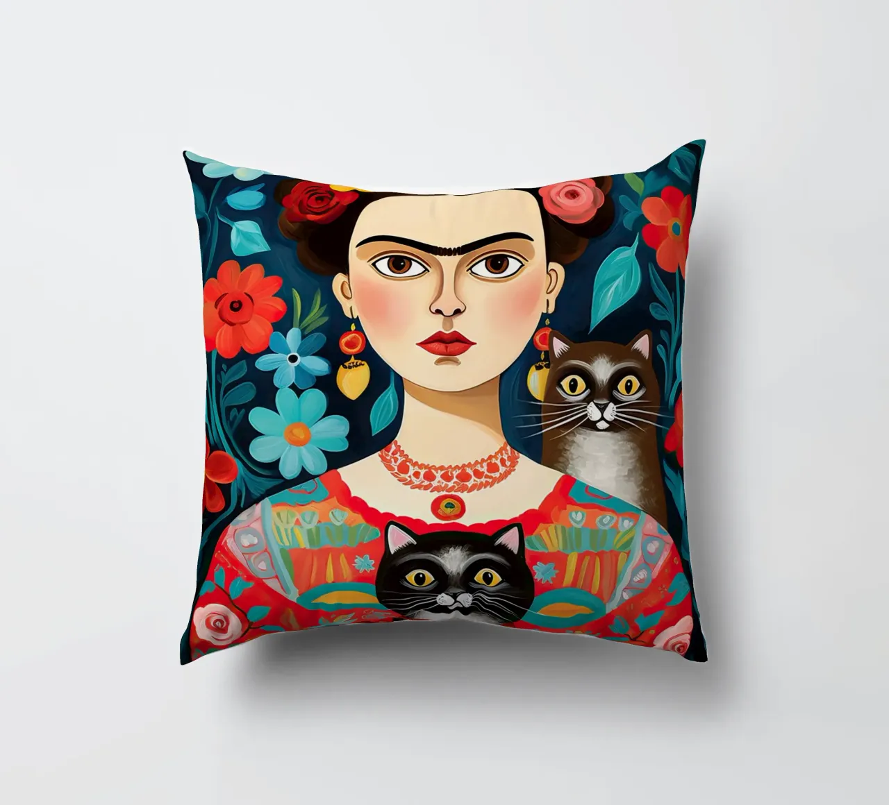 Frida Kahlo con gatto nero e marrone cuscino da Peaches Art Prints