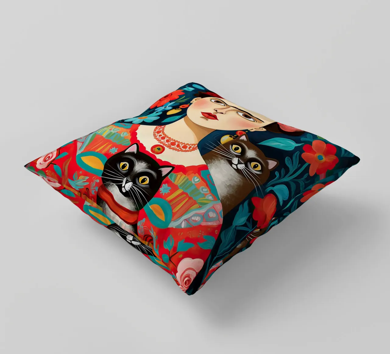 Frida Kahlo con gatto nero e marrone cuscino da Peaches Art Prints