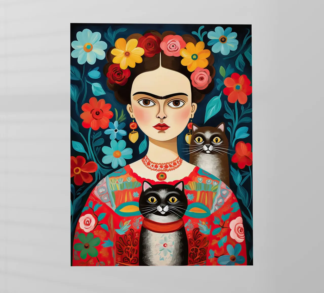 Frida Kahlo con gatto nero e marrone pellicola backlit da Peaches Art Prints