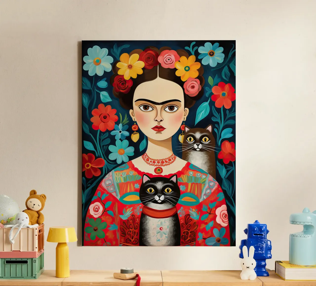 Frida Kahlo con gatto nero e marrone tela da Peaches Art Prints