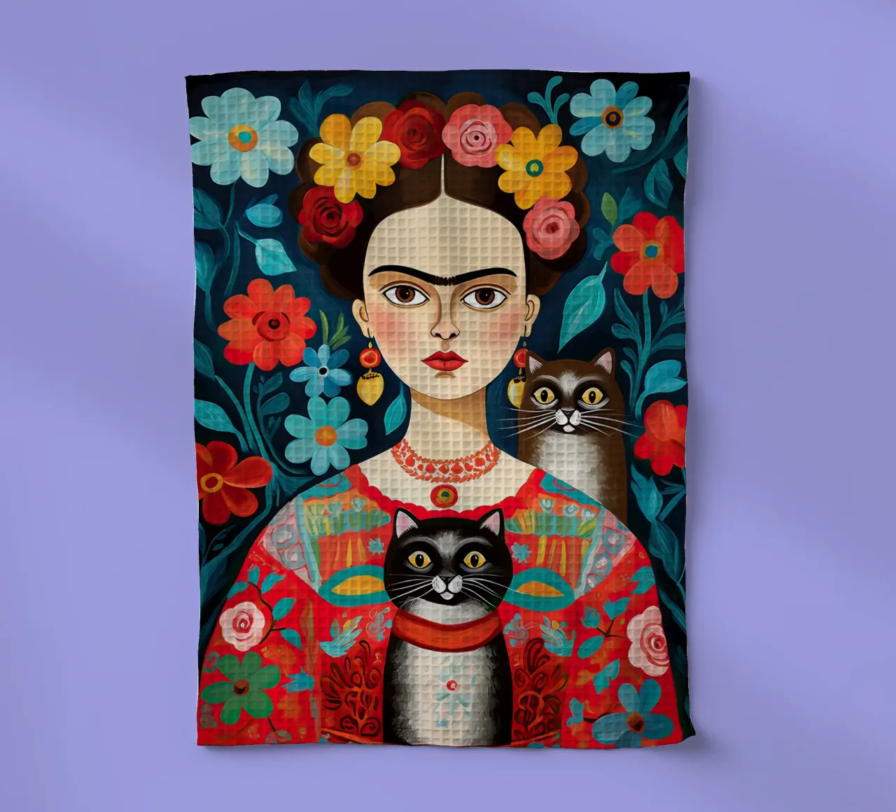 Frida Kahlo con gatto nero e marrone canovaccio da cucina da Peaches Art Prints