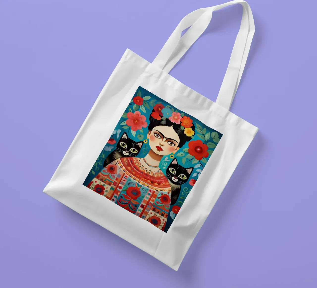 Frida Kahlo con gatti neri - Floreale messicano borsa in juta da Peaches Art Prints