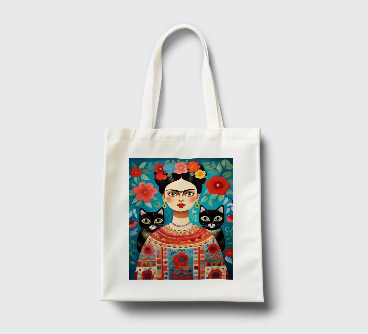 Frida Kahlo con gatti neri - Floreale messicano borsa in juta da Peaches Art Prints
