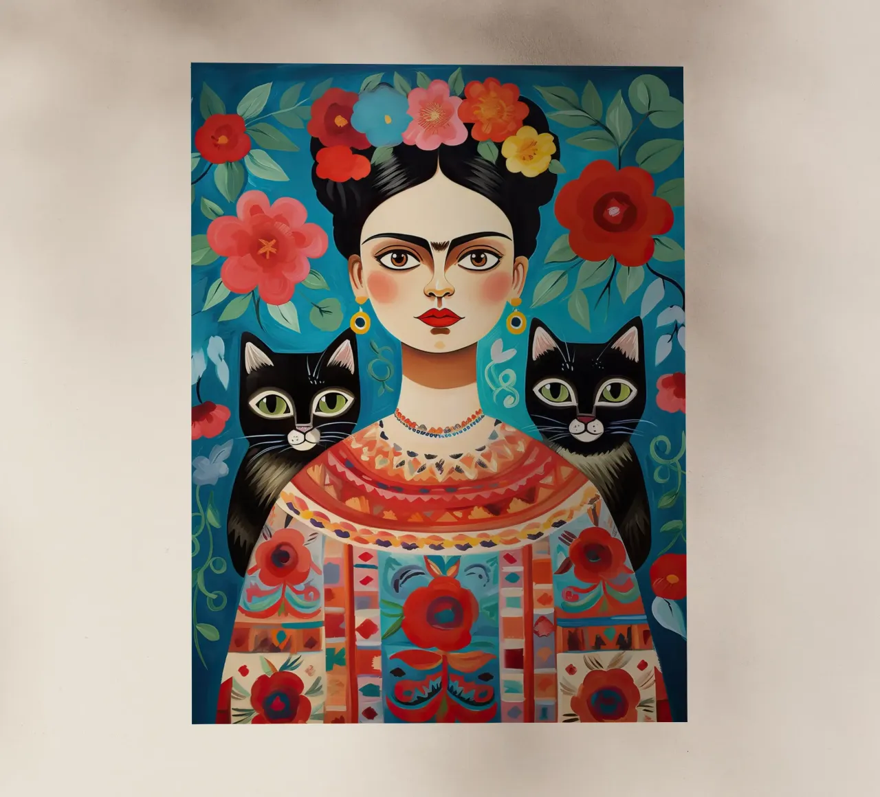 Frida Kahlo con gatti neri - Floreale messicano pellicola backlit da Peaches Art Prints