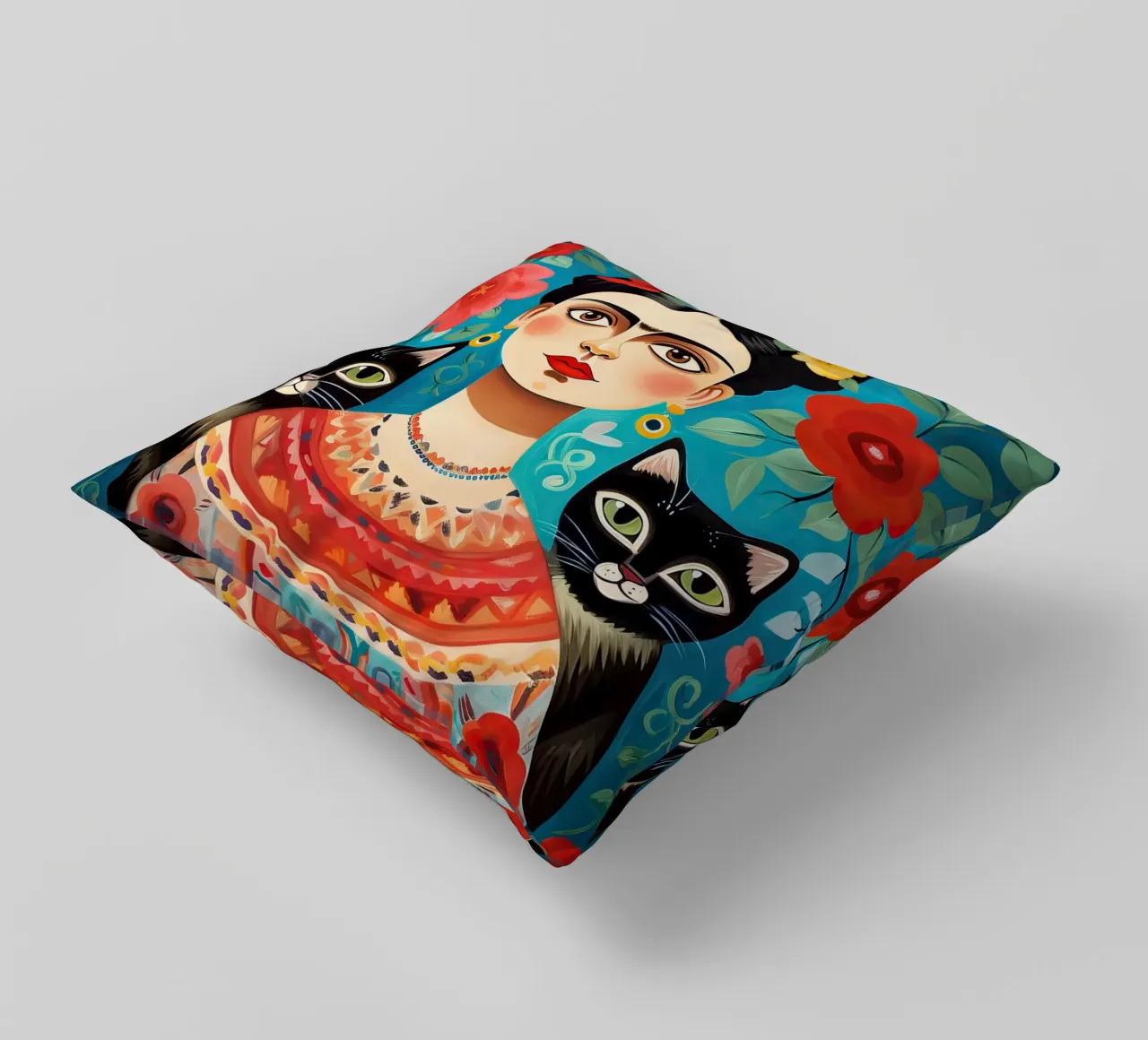 Frida Kahlo con gatti neri - Floreale messicano cuscino da Peaches Art Prints