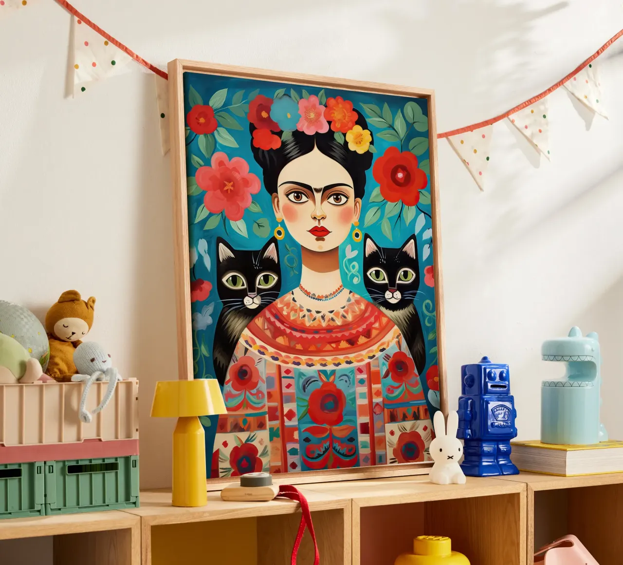 Frida Kahlo con gatti neri - Floreale messicano tela con Cornice a cassetta da Peaches Art Prints