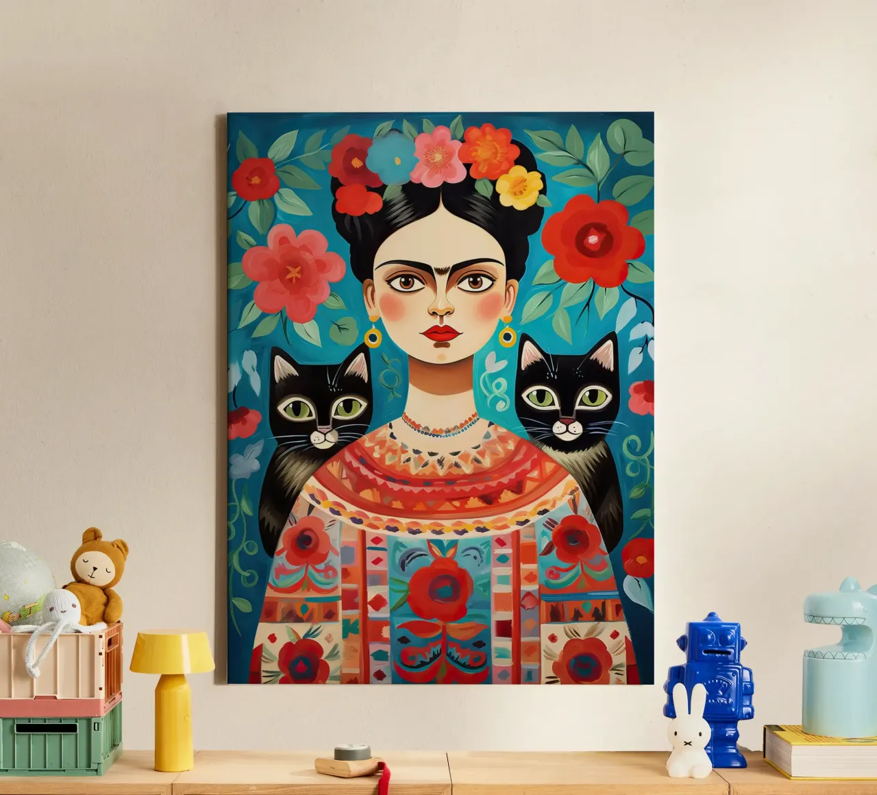 Frida Kahlo con gatti neri - Floreale messicano tela con Cornice a cassetta da Peaches Art Prints