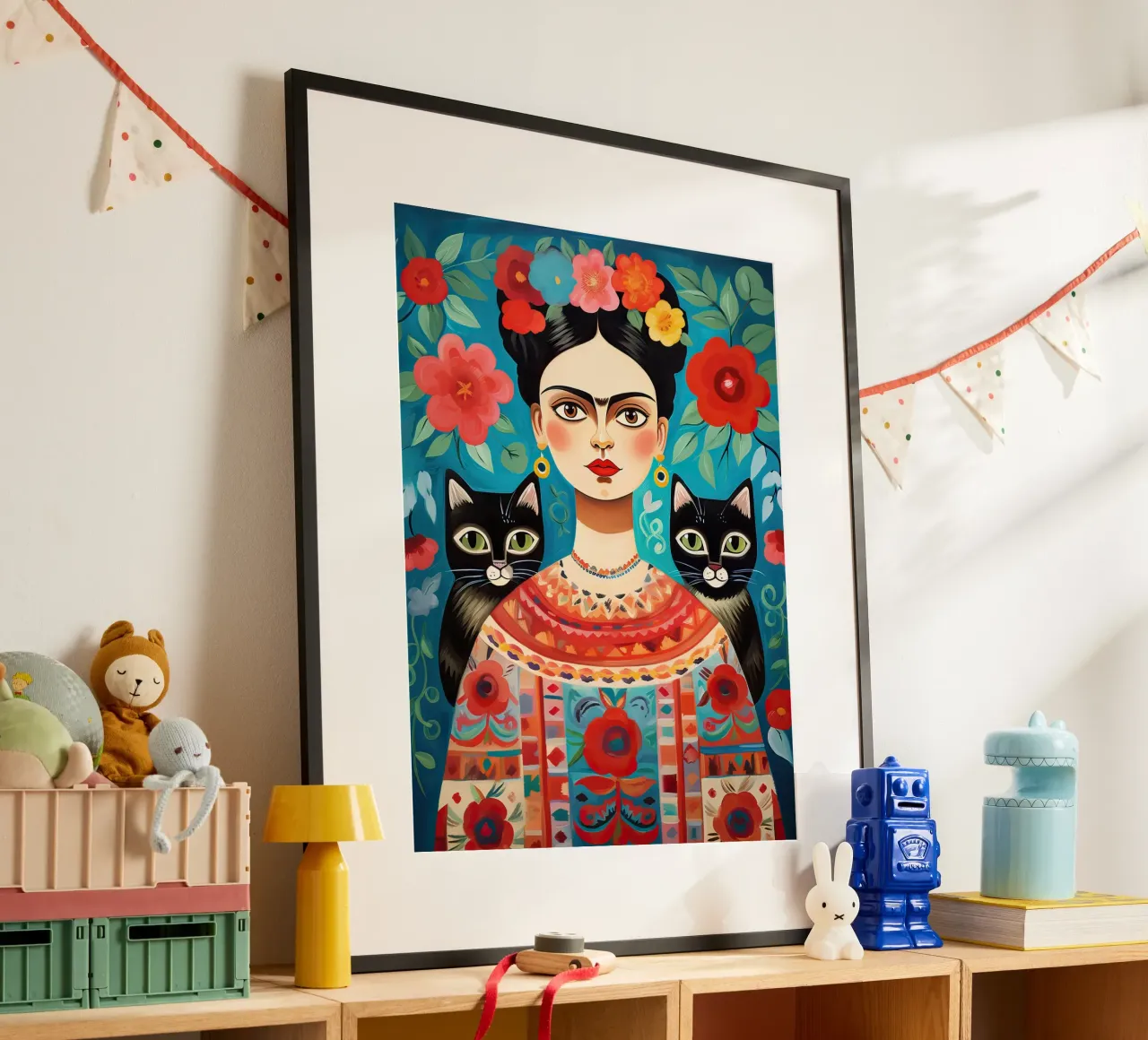 Frida Kahlo con gatti neri - Floreale messicano carta hahnemühle da Peaches Art Prints