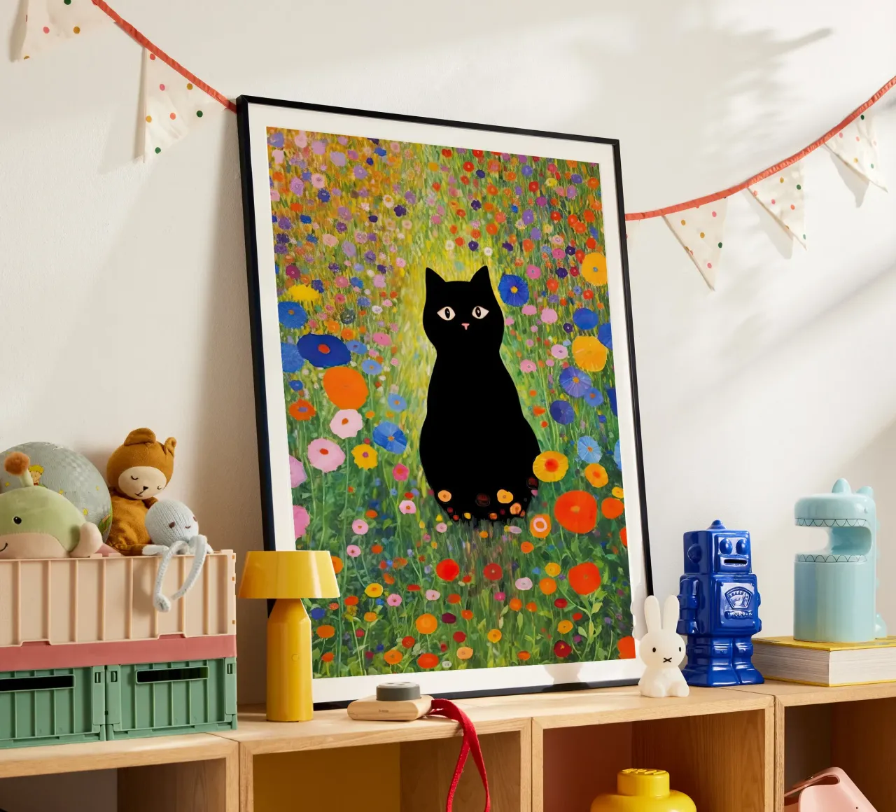 Gustav Klimt Gatto nero in giardino poster con telaio in legno da Peaches Art Prints