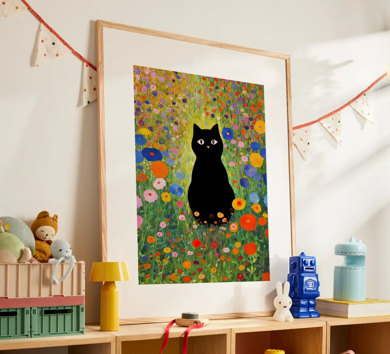 Gustav Klimt Gatto nero in giardino poster con telaio in legno da Peaches Art Prints