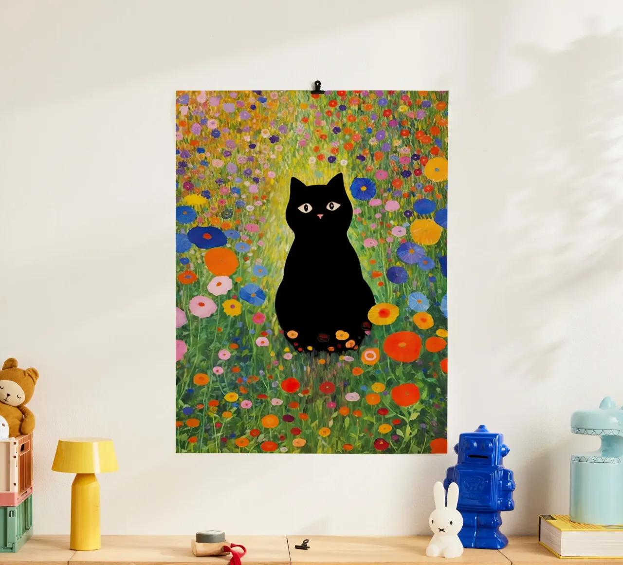 Gustav Klimt Gatto nero in giardino poster con telaio in legno da Peaches Art Prints