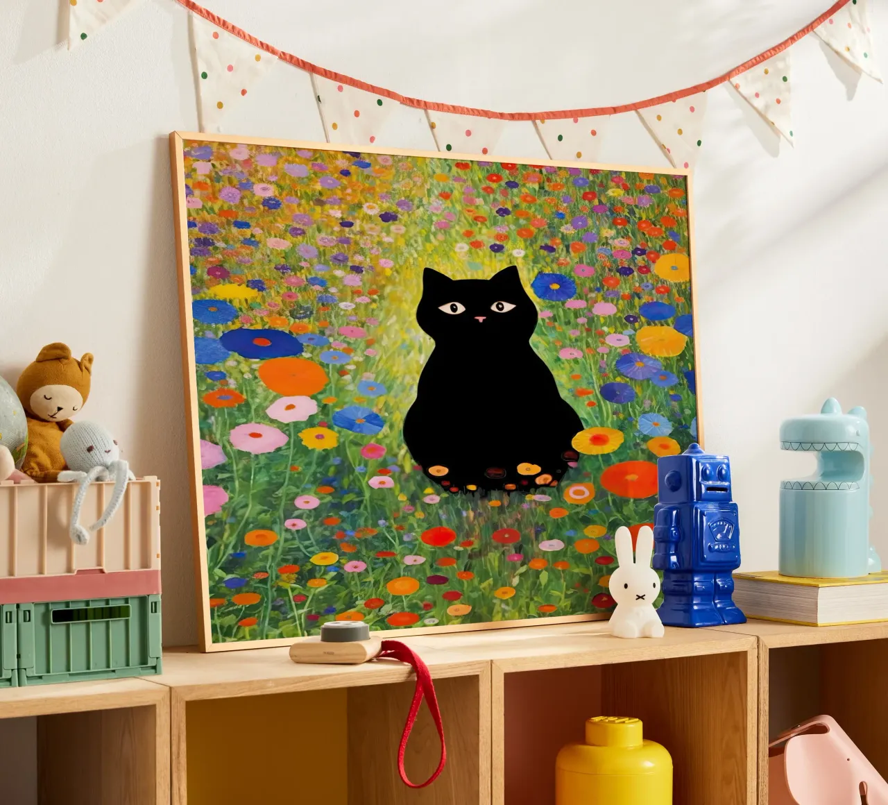 Gustav Klimt Gatto nero in giardino poster con telaio in legno da Peaches Art Prints