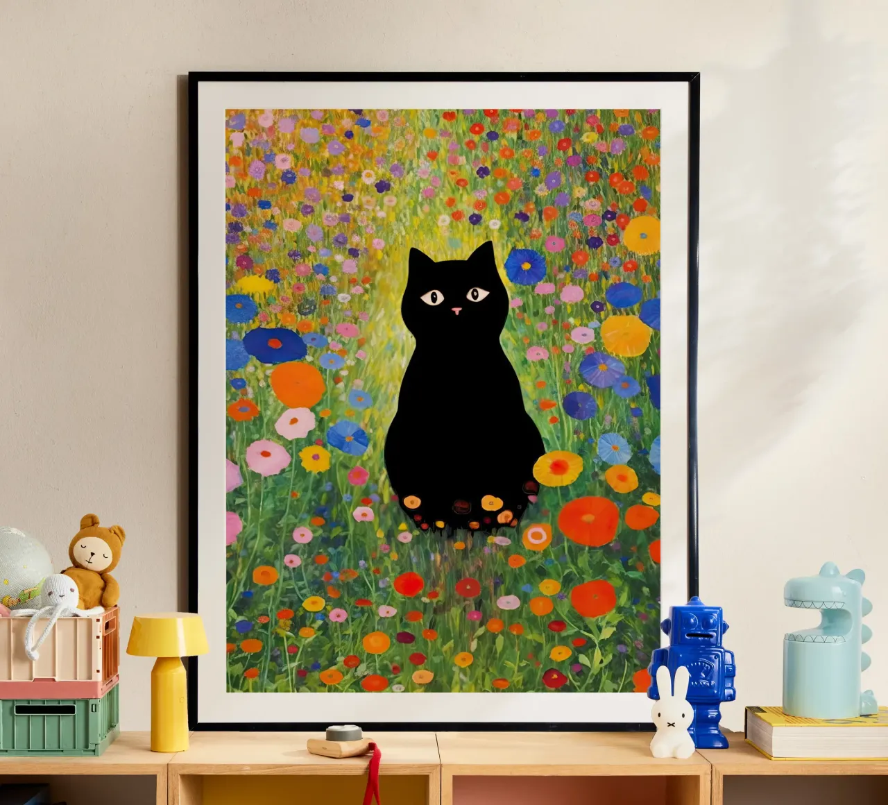 Gustav Klimt Gatto nero in giardino poster con telaio in legno da Peaches Art Prints