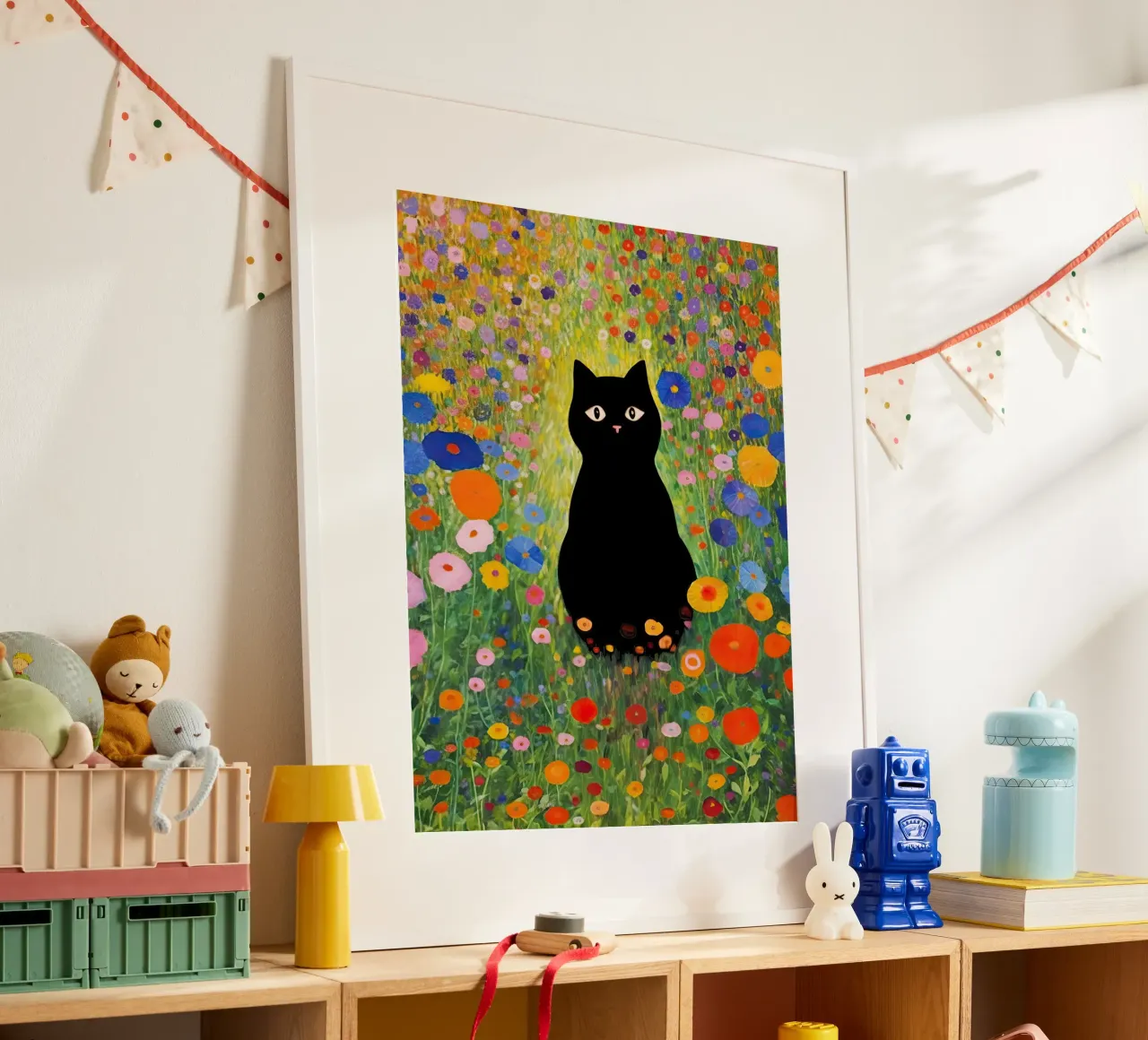 Gustav Klimt Gatto nero in giardino poster con telaio in legno da Peaches Art Prints