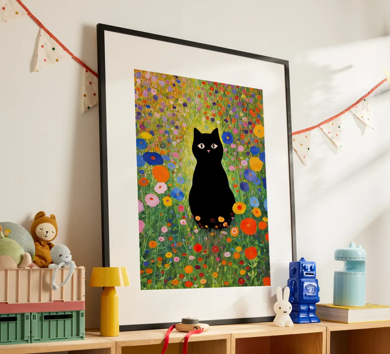 Gustav Klimt Gatto nero in giardino poster con telaio in legno da Peaches Art Prints