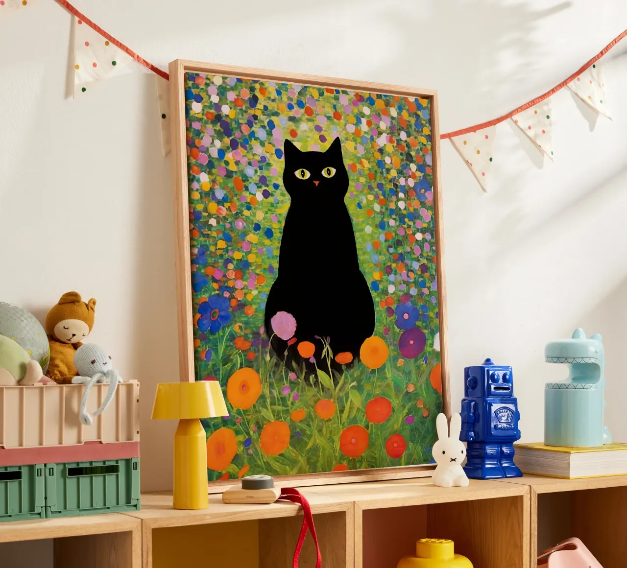 Gustav Klimt Zwarte kat zittend in de tuin canvas met Baklijst van Peaches Art Prints