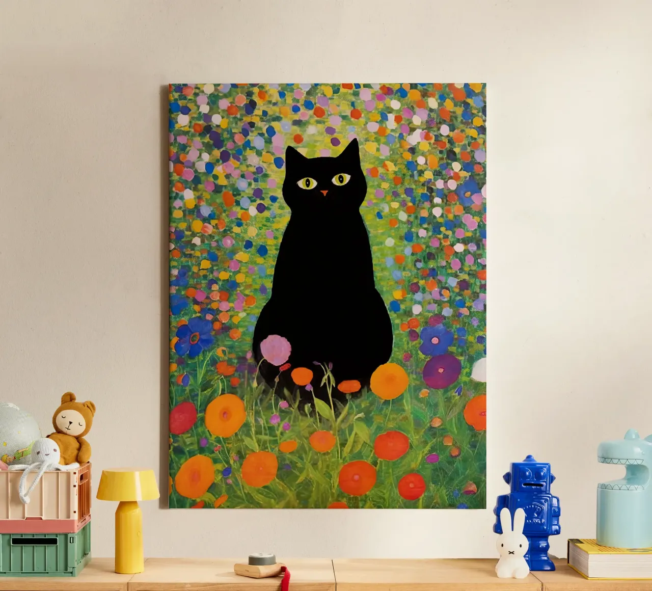 Gustav Klimt Zwarte kat zittend in de tuin canvas met Baklijst van Peaches Art Prints