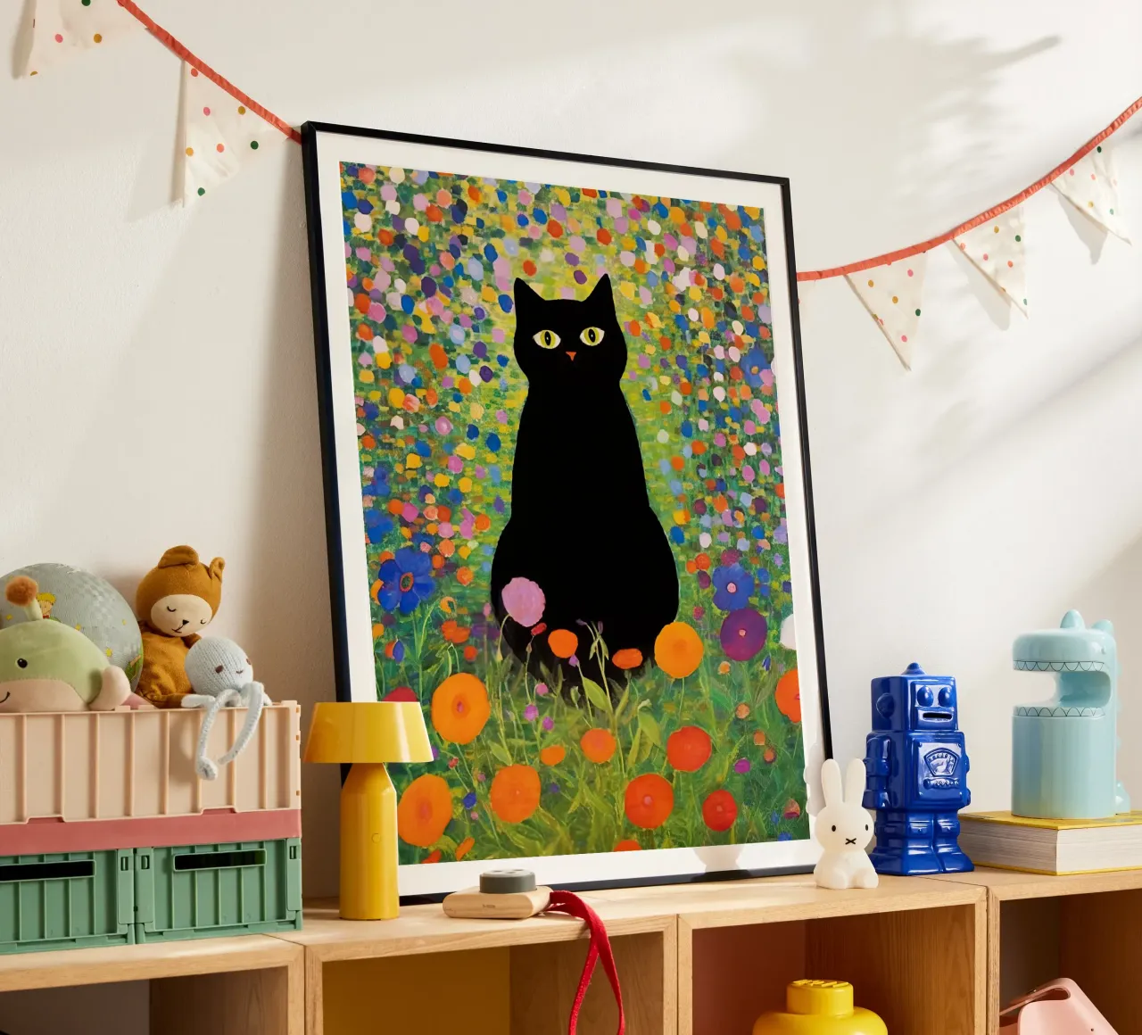 Gustav Klimt Gatto nero seduto in giardino poster con telaio in legno da Peaches Art Prints