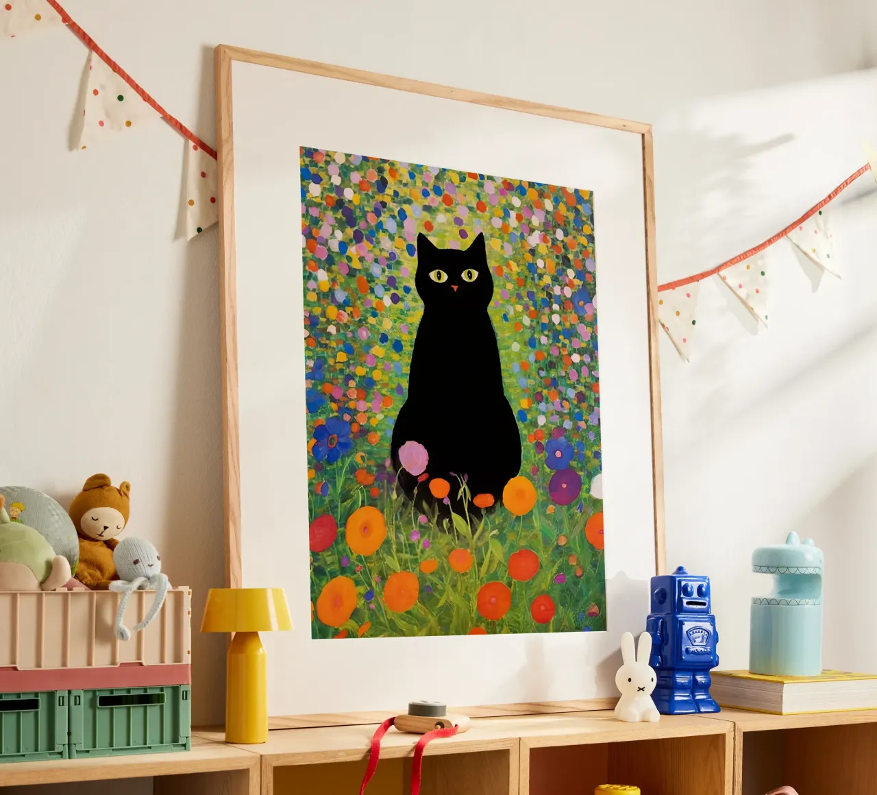 Gustav Klimt Gatto nero seduto in giardino poster con telaio in legno da Peaches Art Prints