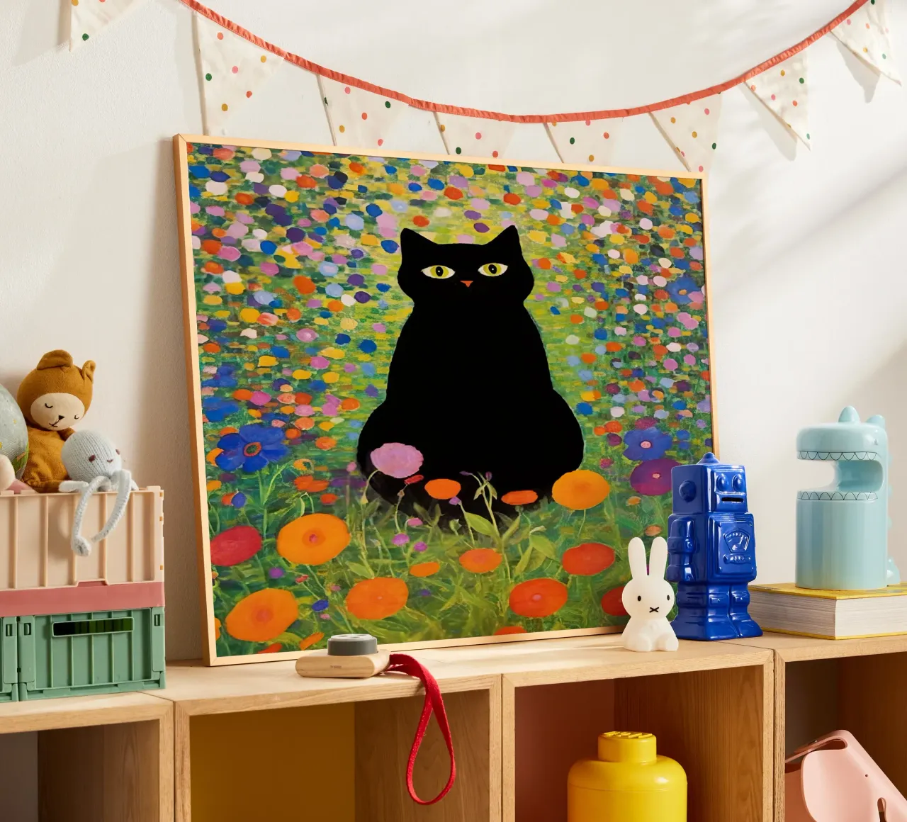 Gustav Klimt Gatto nero seduto in giardino poster con telaio in legno da Peaches Art Prints