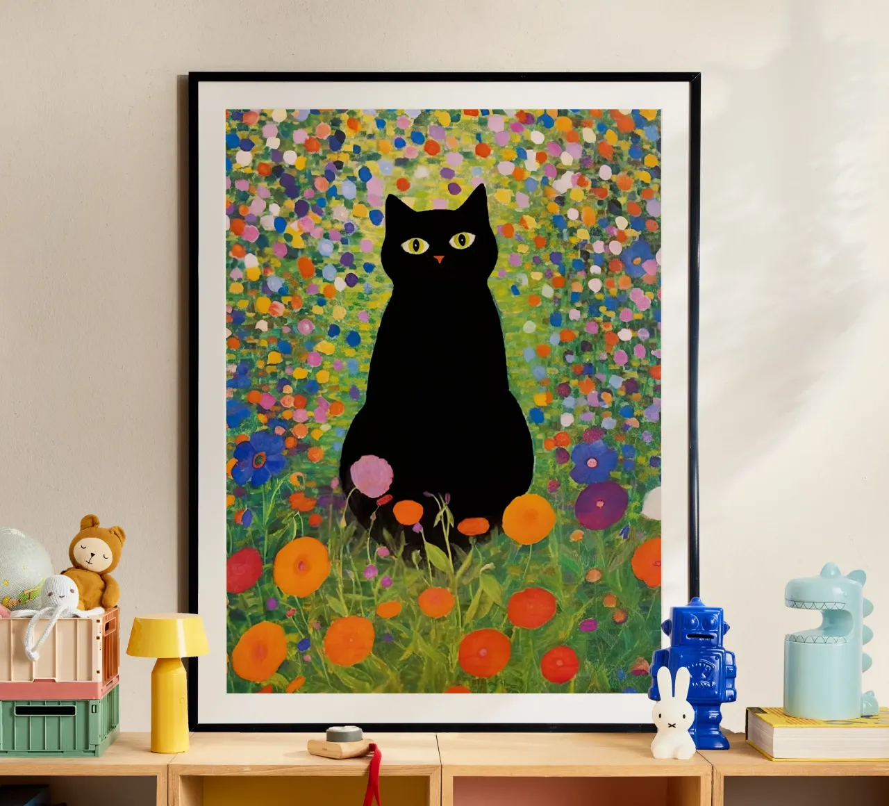 Gustav Klimt Gatto nero seduto in giardino poster con telaio in legno da Peaches Art Prints