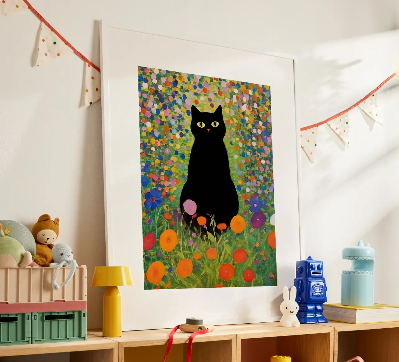 Gustav Klimt Gatto nero seduto in giardino poster con telaio in legno da Peaches Art Prints