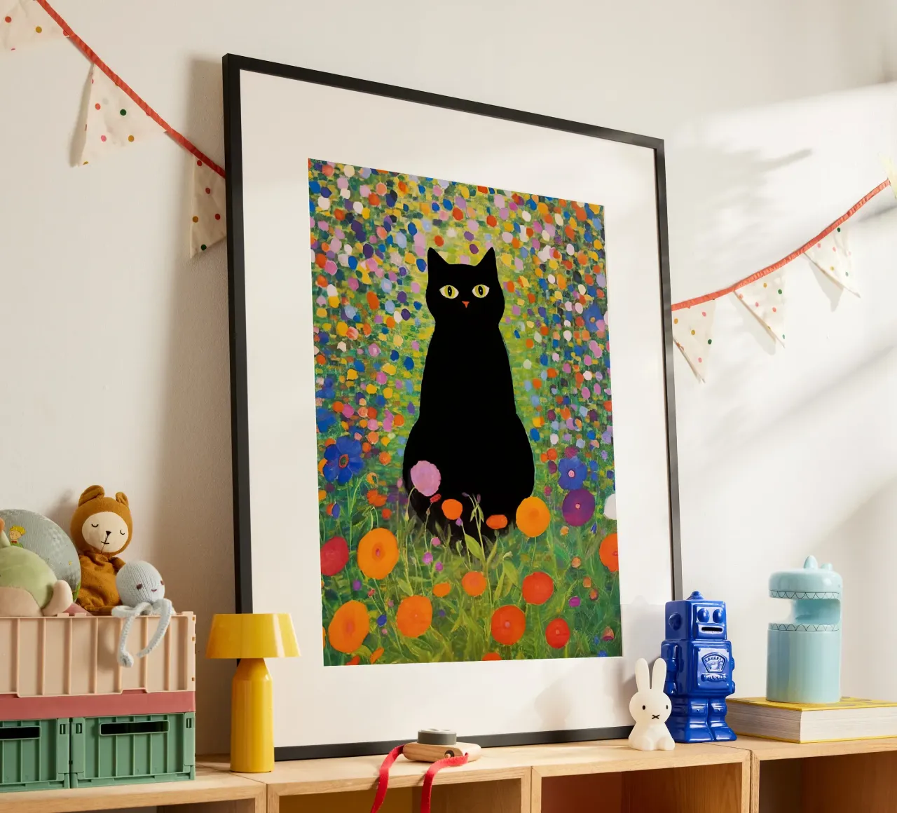 Gustav Klimt Gatto nero seduto in giardino poster con telaio in legno da Peaches Art Prints