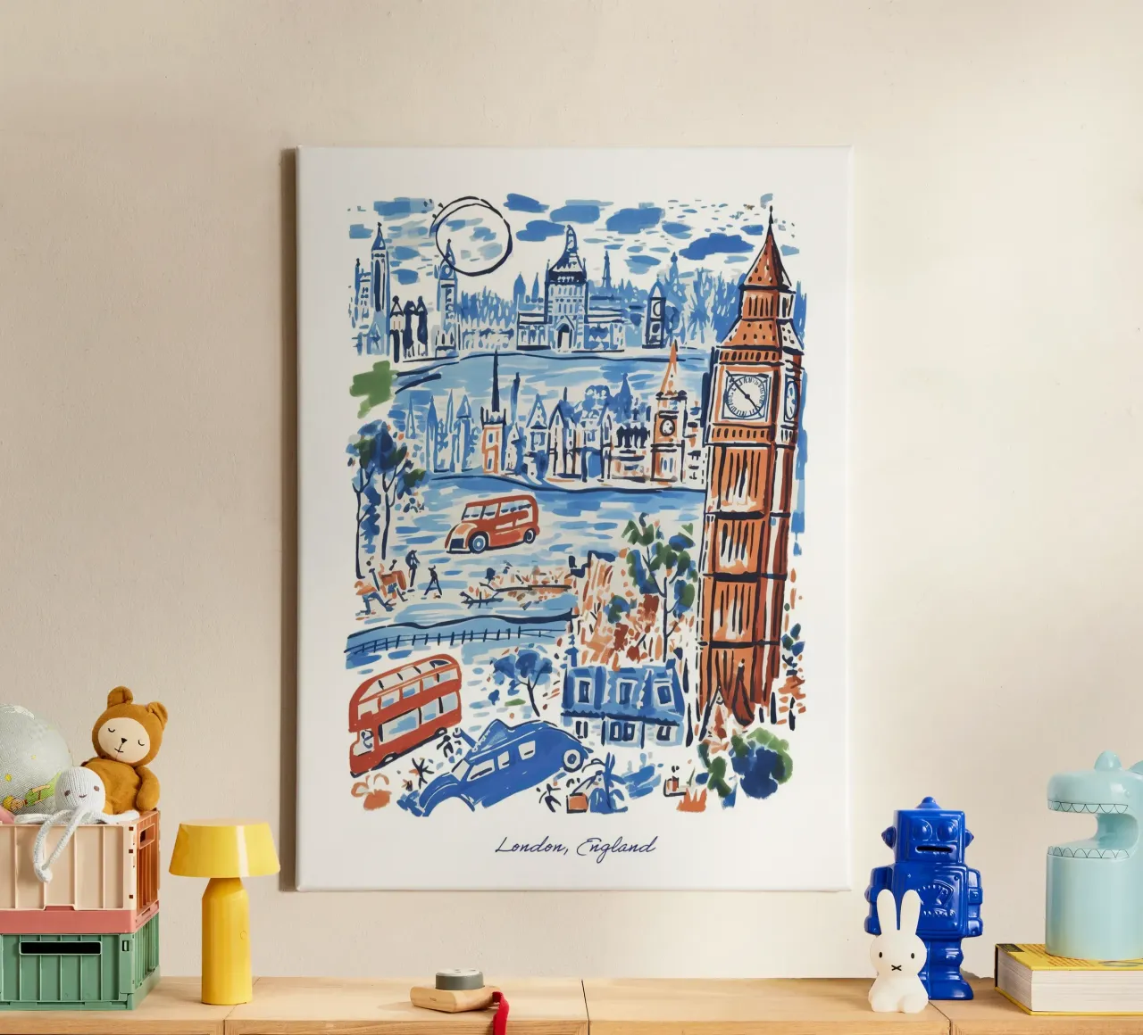 Città di Londra, Inghilterra, Illustrazione Linea Arte di Viaggio tela con Cornice a cassetta da Peaches Art Prints