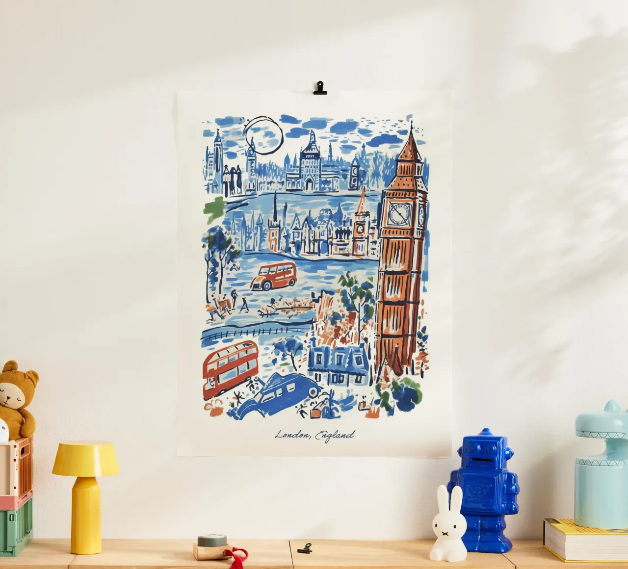 Città di Londra, Inghilterra, Illustrazione Linea Arte di Viaggio poster con telaio in alluminio da Peaches Art Prints