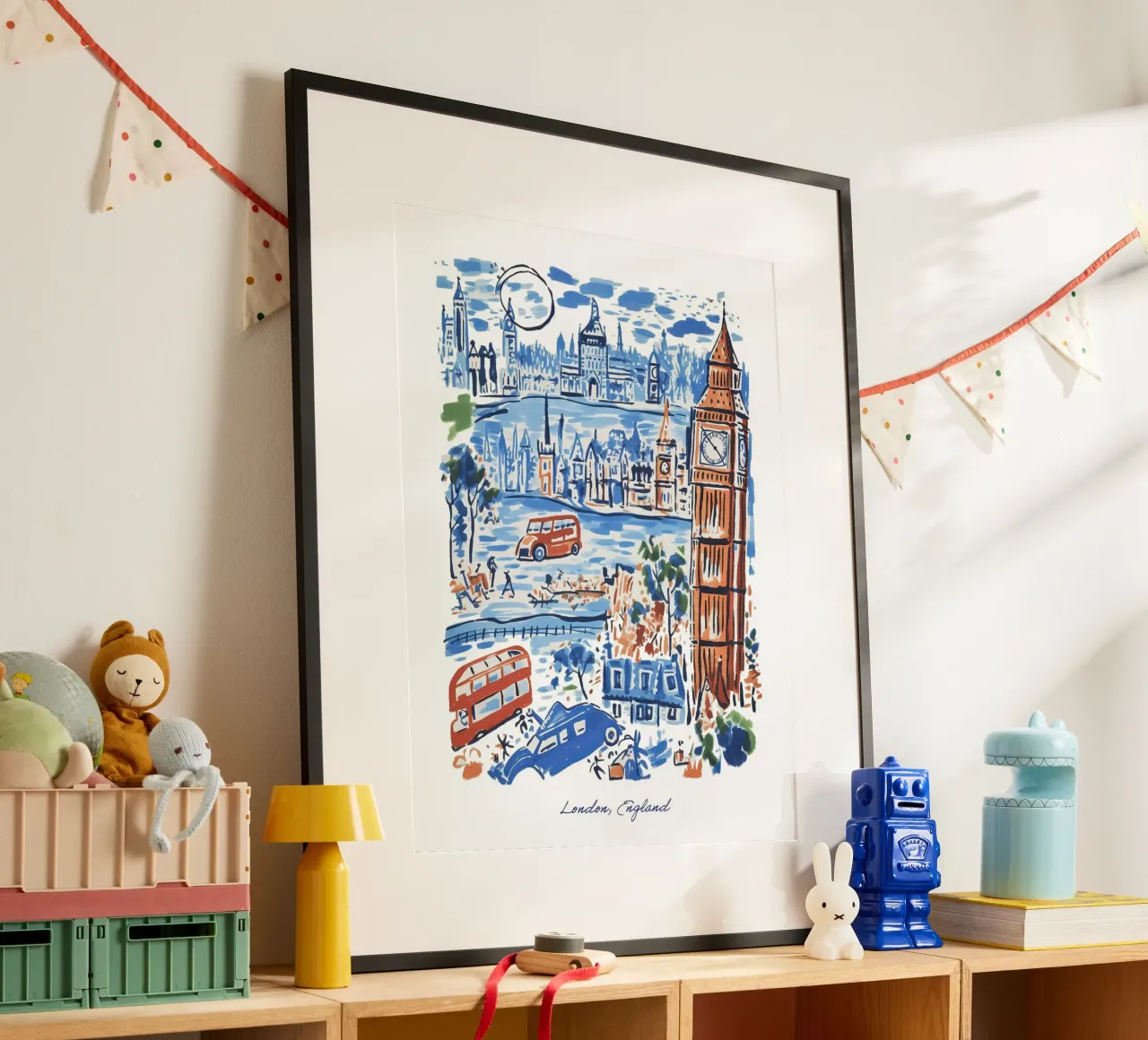 Città di Londra, Inghilterra, Illustrazione Linea Arte di Viaggio poster con telaio in alluminio da Peaches Art Prints