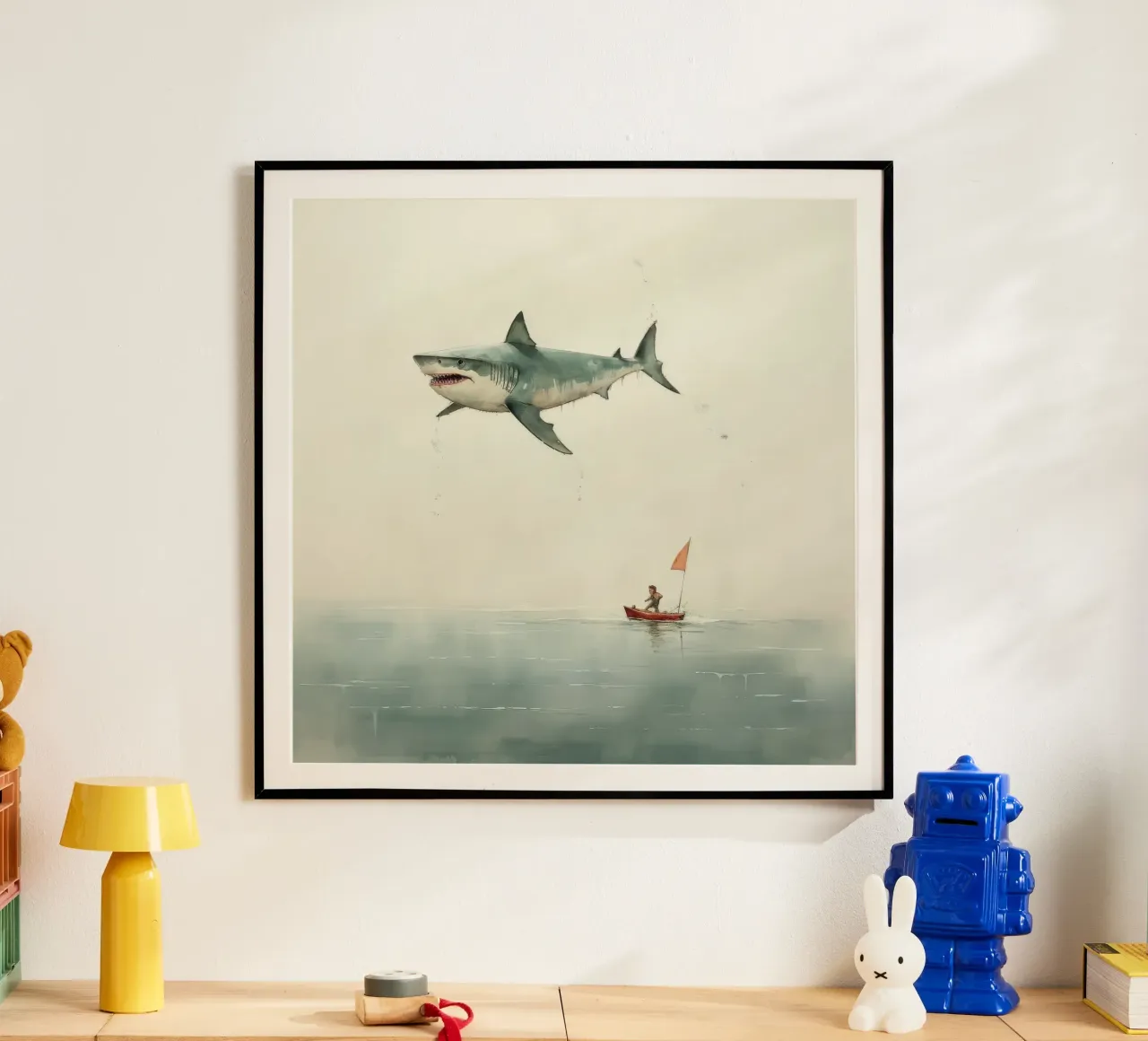 Squalo minimale 3 poster con telaio in legno da Minimal Animal Art
