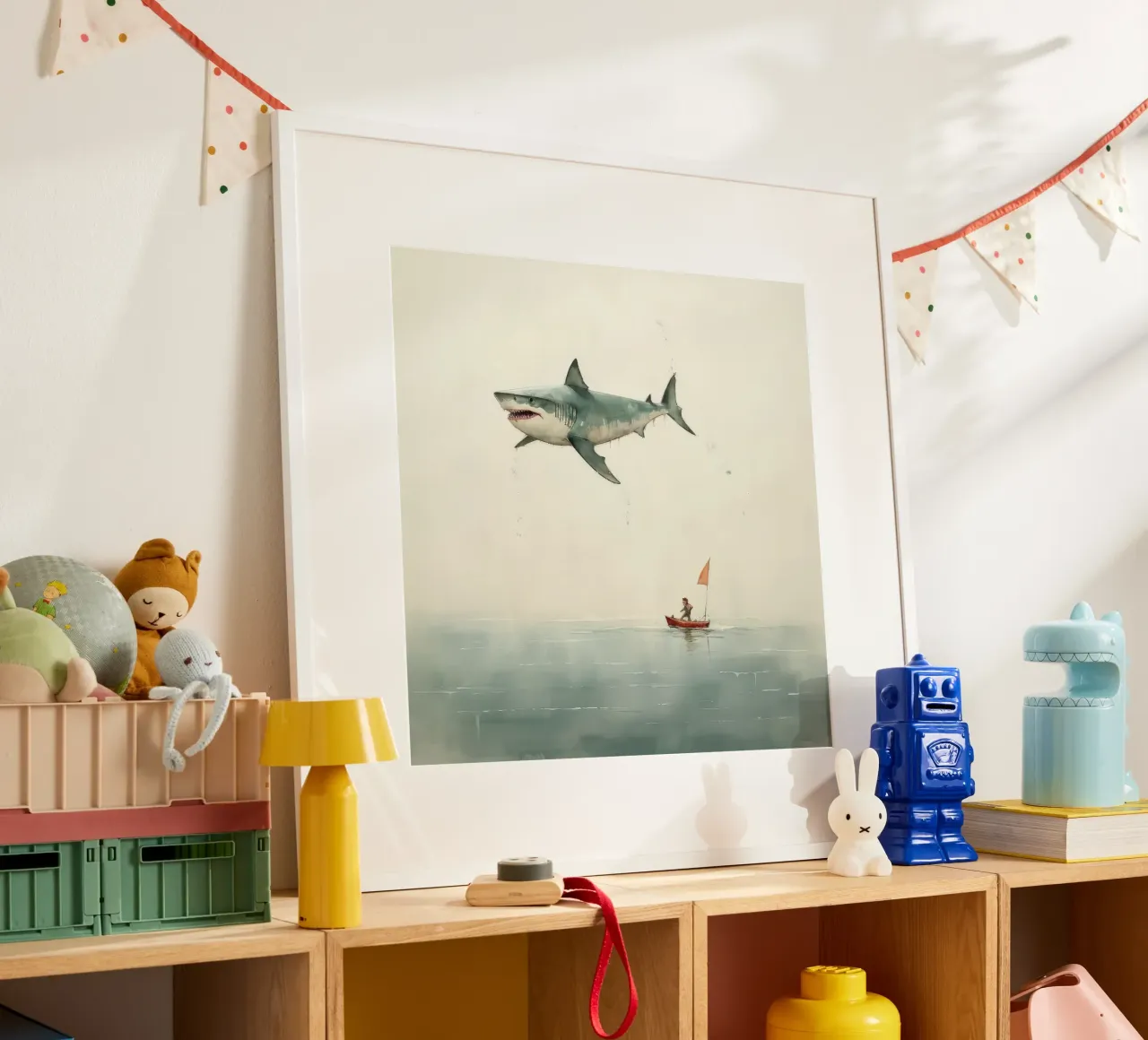 Squalo minimale 3 poster con telaio in legno da Minimal Animal Art