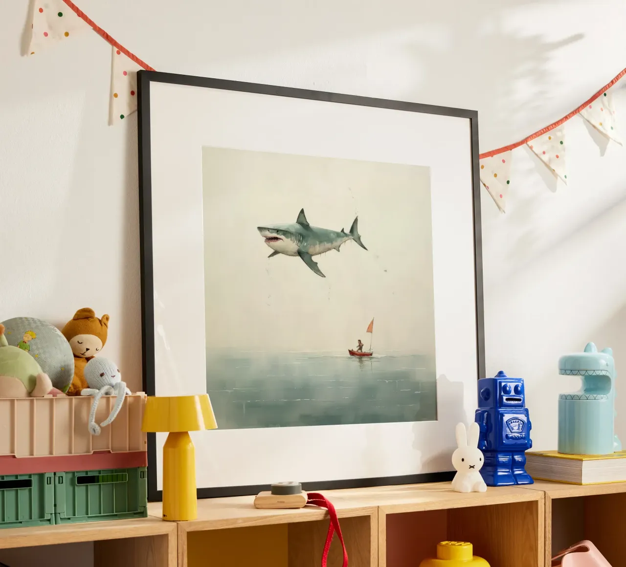Squalo minimale 3 poster con telaio in legno da Minimal Animal Art