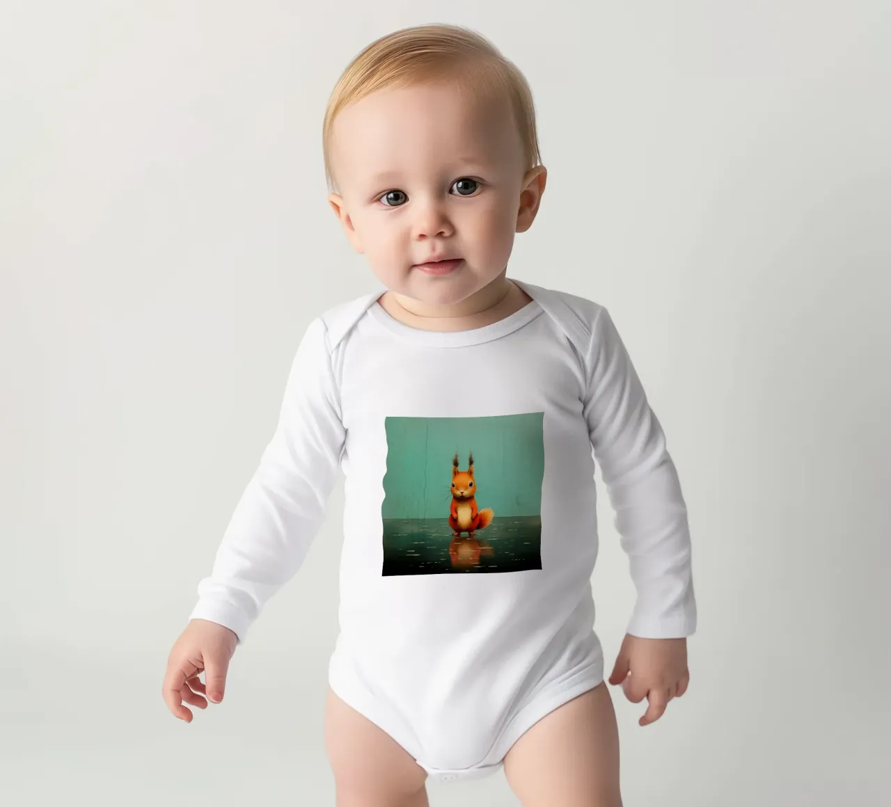 Minimal Squirrel 1 long-sleeve baby romper by Minimal Animal Art