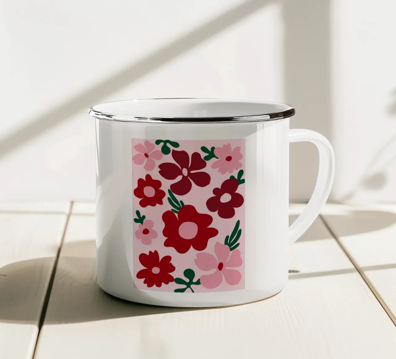 Fiori astratti, fiori rossi e colorati tazza in smalto da pdigitalprints