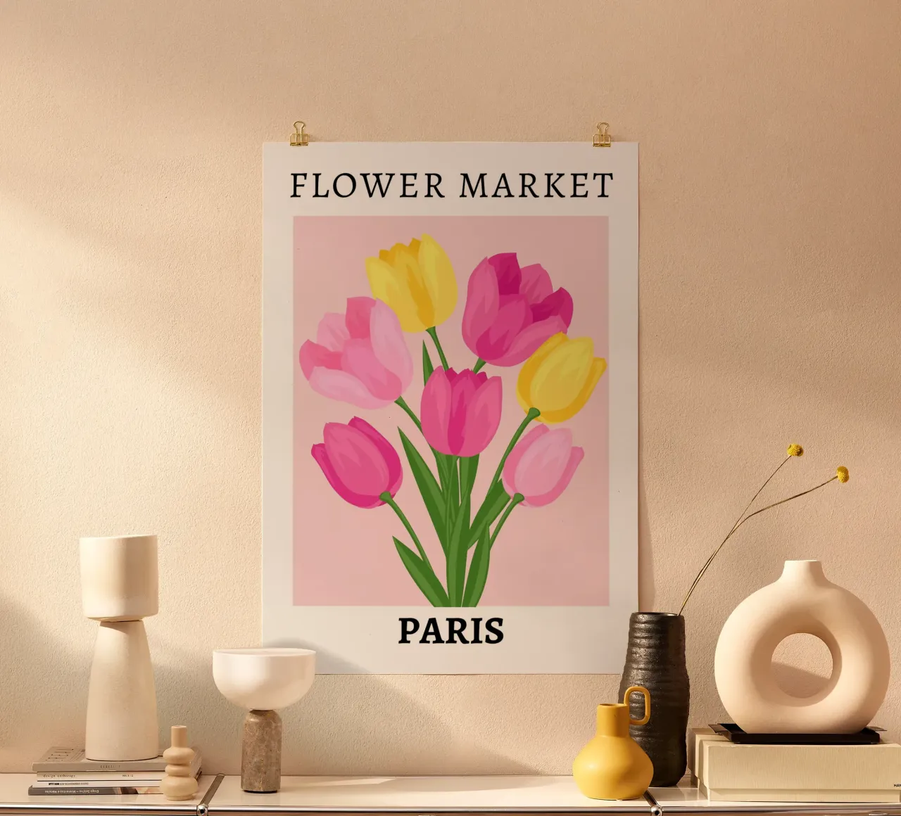 Mercato dei fiori di Parigi, Rosa Floreale poster con telaio in legno da pdigitalprints
